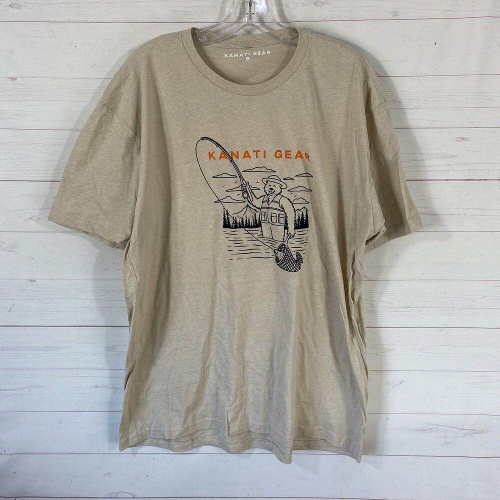 Kanati Gear Mens Short Sleeve Fly Fishing Graphic T-Shirt XL Beige Crew Neck